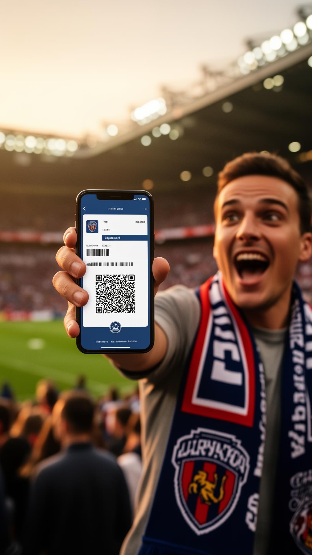 Kibic na stadionie pokazuje aplikację Retiva z biletem i kodem QR